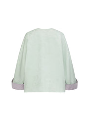 MUKZIN「 カプセルシリーズ 」薄緑ジャカード鳳眼ボタン 立体フラワースパンコール刺繍 ルーズショートジャケット