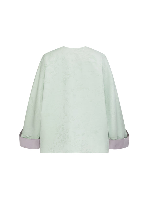 MUKZIN「 カプセルシリーズ 」薄緑ジャカード鳳眼ボタン 立体フラワースパンコール刺繍 ルーズショートジャケット