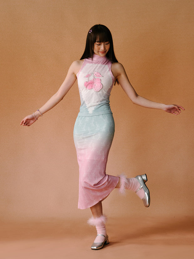 MUKTANK×LOUMUTAKU 桜刺繍ピンク×グリーングラデーションスカート