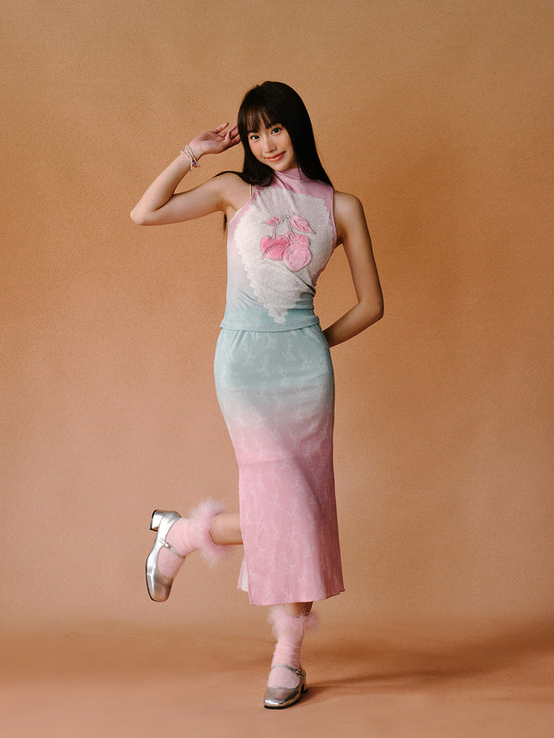 MUKTANK×LOUMUTAKU 桜刺繍ピンク×グリーングラデーションスカート