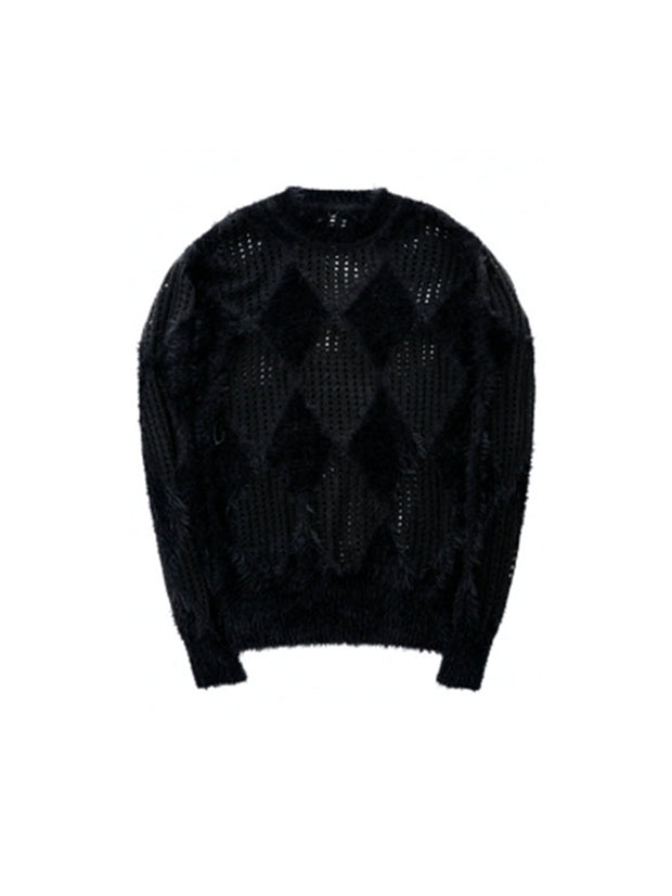 MUKTANK x MODULER 透かし菱形チェック柄柔らかい快適透け感セーター