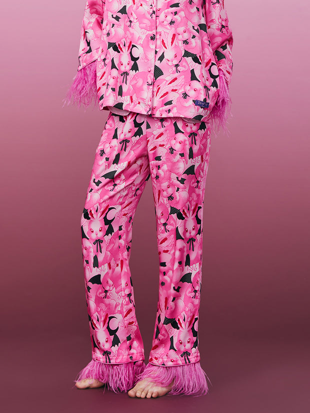 MUKZIN 新品パジャマセットピンクファッション着やすいパンツ アイマスク-ドラゴンとフェニックスの遊び