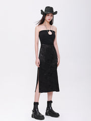 MUKTANK×CUUDICLAB チャイナ風スリムブラック透かし彫りスカート