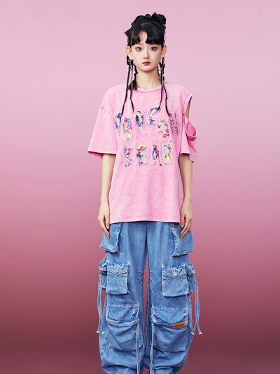 MUKZIN レトロシルクスクリーン花鳥柄Tシャツ - ドラゴンとフェニックスの遊び