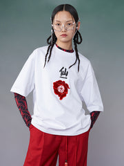 MUKZIN 仙刺繍デザイン椿の花ホワイトTシャツ-仙境を探す
