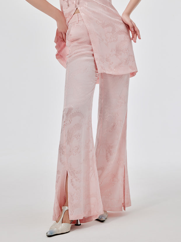 MUKZIN フレッシュピンクのジャガード生地の裾スリットパンツ
