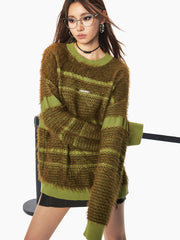 MUKTANK x WESAME LAB アルパカ毛プルオーバーストライプのんびり暖かいオリーブグリーンセーター