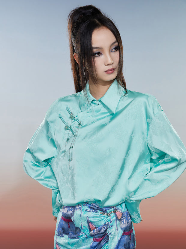 MUKZIN 部分的に前立てが付いた中国風のクラシックなシャツ-輝かしい夢