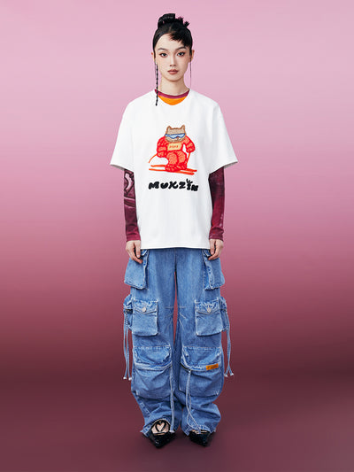MUKZIN 2色定番カジュアルルーズTシャツ - ドラゴンとフェニックスの遊び