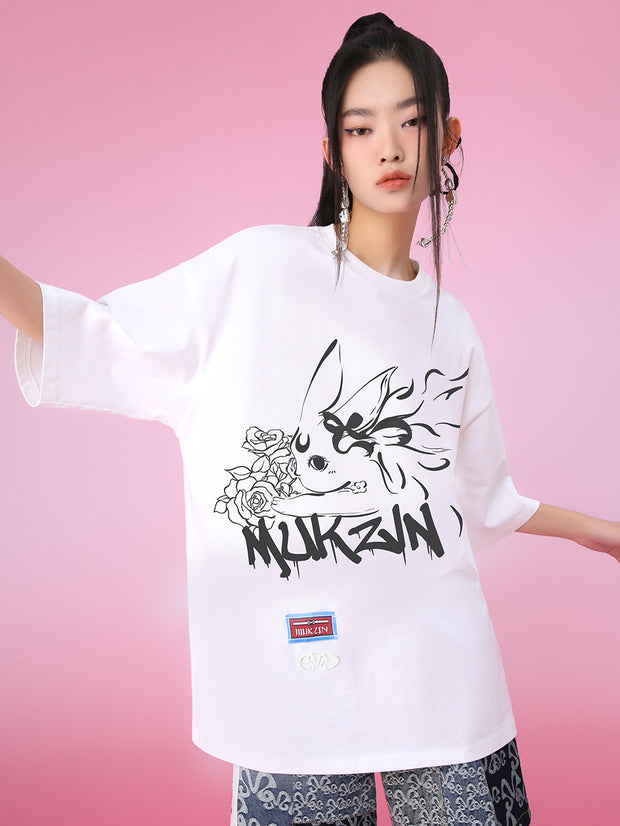MUKZIN Tシャツルーズプリント2色着やすいー不羨仙