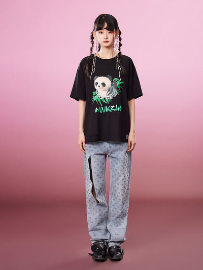 MUKZIN パンダプリントルーズ２色カジュアル着やすいTシャツ-新武旦