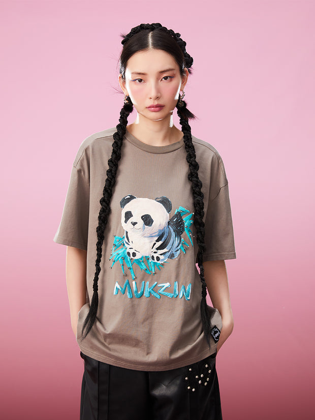 MUKZIN パンダプリントルーズ２色カジュアル着やすいTシャツ-新武旦
