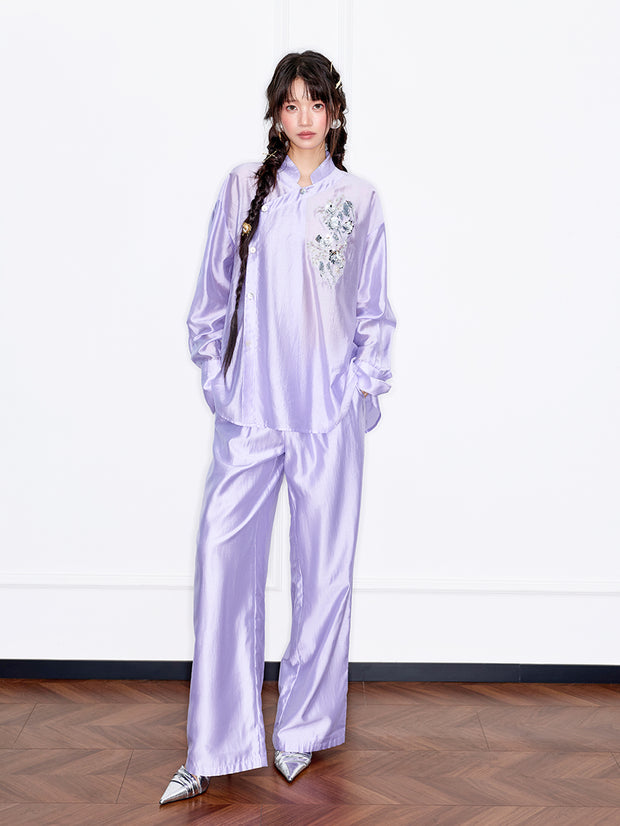 MUKZIN「 カプセルシリーズ 」薄紫色新中式スパンコール刺繍トップス