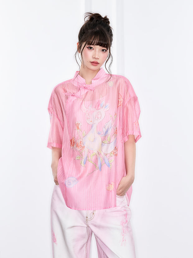MUKZIN「新しい夏の賦」新中式のボタン付き襟の柄入りシャツ