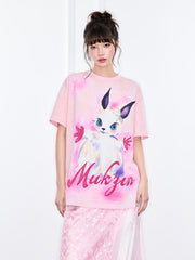 MUKZIN「新しい夏の賦」夢幻的なピンクのプリントの半袖 T シャツ
