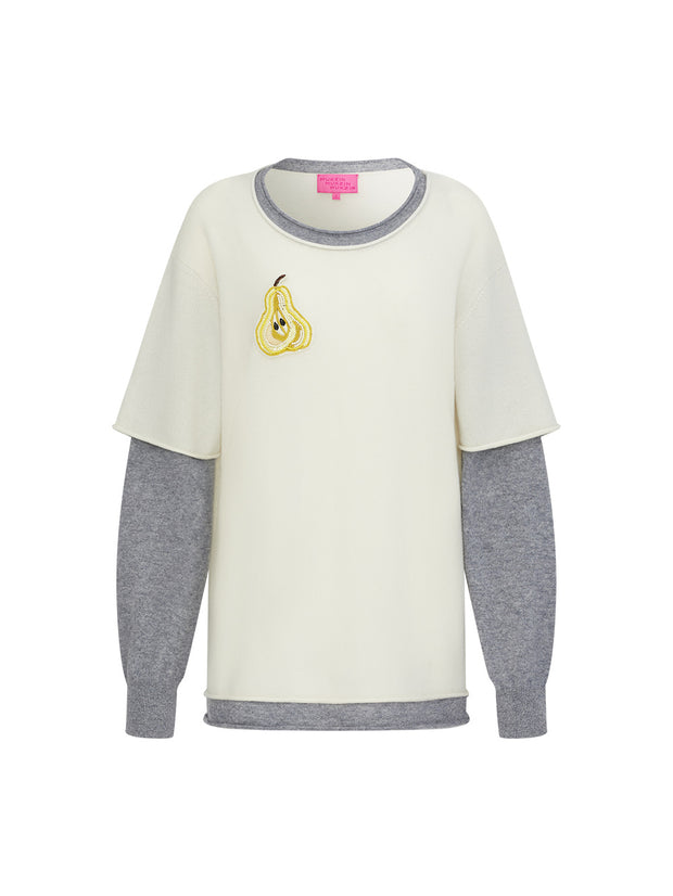 MUKZIN「 カプセルシリーズ 」エレガントなカラーブロック、フルーツ刺繍のフェイクツーピーススウェットシャツ