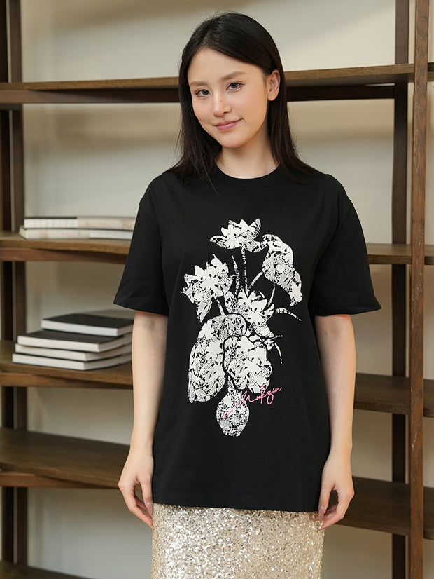 MUKZIN玲瓏の 丸首のおしゃれなプリントTシャツ