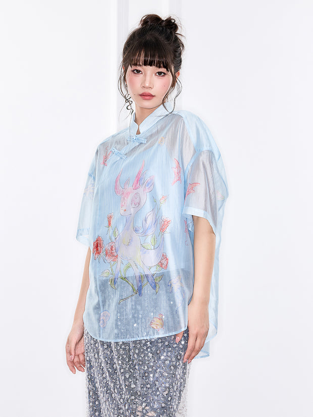 MUKZIN「新しい夏の賦」新中式のボタン付き襟の柄入りシャツ