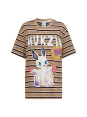 MUKZIN「新しい夏の賦」カーキ色ストライプ可愛いウサギ T シャツ