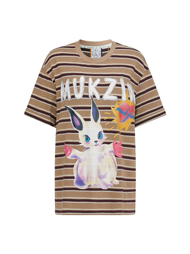 MUKZIN「新しい夏の賦」カーキ色ストライプ可愛いウサギ T シャツ