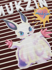 MUKZIN「新しい夏の賦」ワインレッドストライプ可愛いウサギ T シャツ