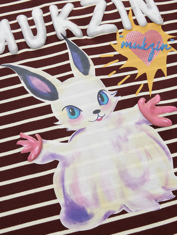 MUKZIN「新しい夏の賦」ワインレッドストライプ可愛いウサギ T シャツ