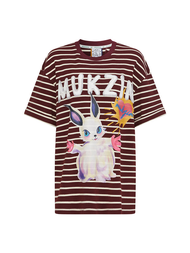 MUKZIN「新しい夏の賦」ワインレッドストライプ可愛いウサギ T シャツ