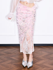 MUKZIN「雲瑤の境地」スパンコールビーズレースパネルピンクミディスカート