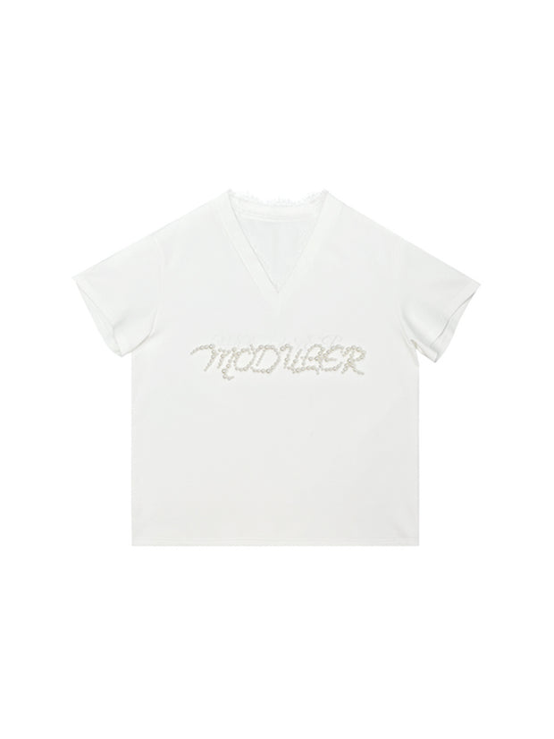 MUKTANK×MODULER レースプリントパール刺繍ヘビーディテール T シャツ