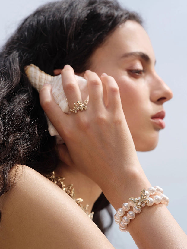 MUKTANK×SUN HUNTER “羽化（うか）”ツートンレース蝶パールブレスレット