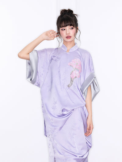 MUKZIN「新しい夏の賦」新しい中国風の改良型立領とスリットのある紫色のワンピース