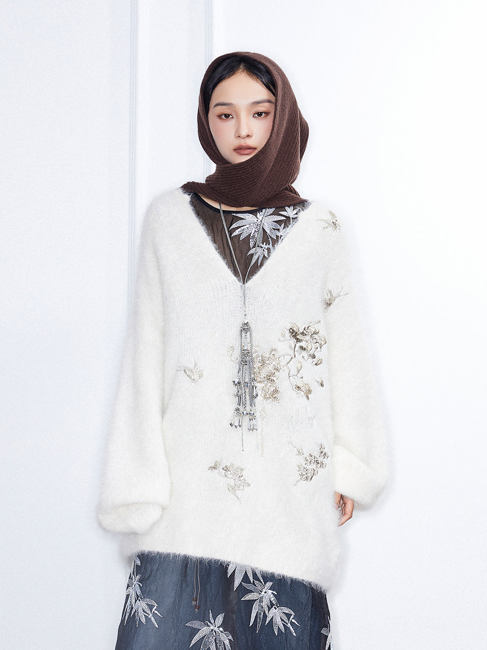mukzin ニット MUKZIN Large Lapel Design Coffee Knitted Sweate