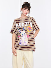 MUKZIN「新しい夏の賦」カーキ色ストライプ可愛いウサギ T シャツ