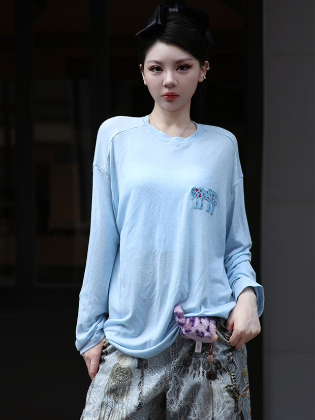 MUKZIN「雲瑤の境地」水色ゾウ刺繍ルーズロングスリーブ T シャツ