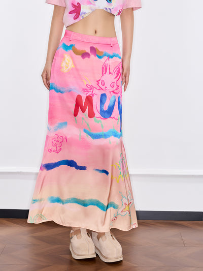MUKZIN「新しい夏の賦」グラフィティのアート感がある、カラフルなプリントの半身スカート