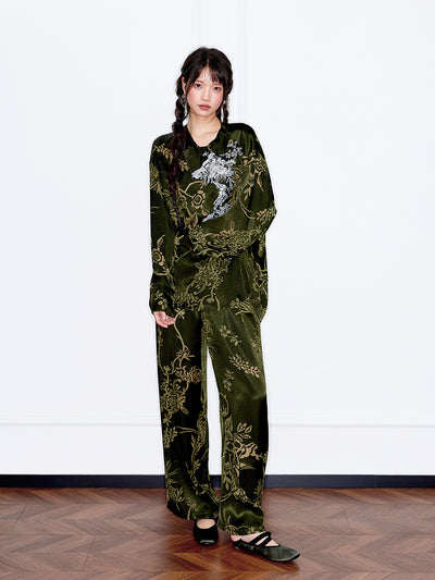 MUKZIN「 カプセルシリーズ 」中国風ルーズドレーププリントワイドレッグパンツ