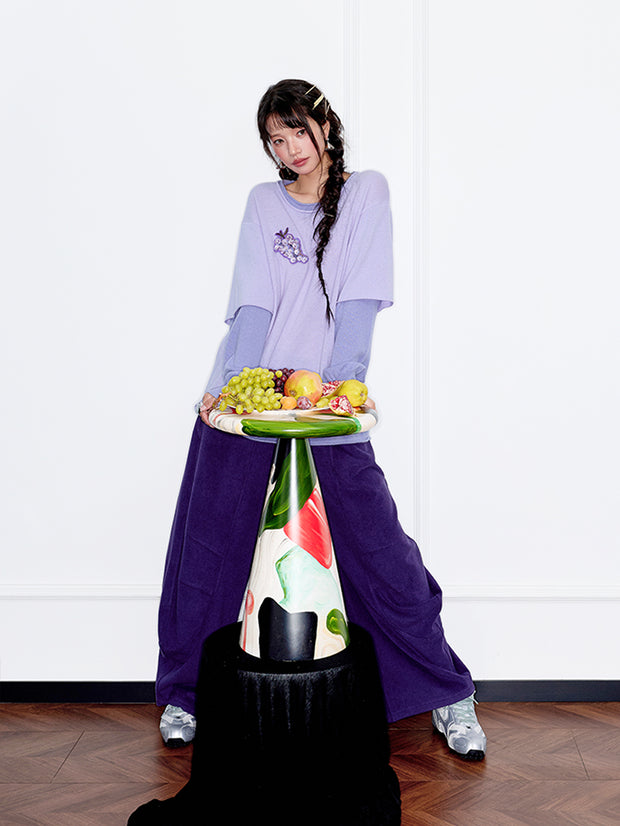 MUKZIN「 カプセルシリーズ 」エレガントなカラーブロック、フルーツ刺繍のフェイクツーピーススウェットシャツ