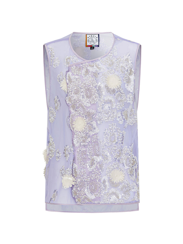 MUKZIN「 カプセルシリーズ 」薄紫色ネットレーススパンコール花柄ベスト