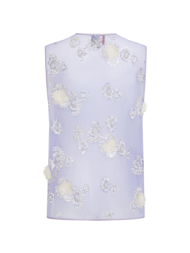 MUKZIN「 カプセルシリーズ 」薄紫色ネットレーススパンコール花柄ベスト