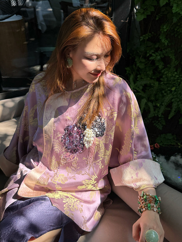 MUKZIN「 カプセルシリーズ 」ピンクパープルジャコードスパンコールビーズチャイナスタイルトップス