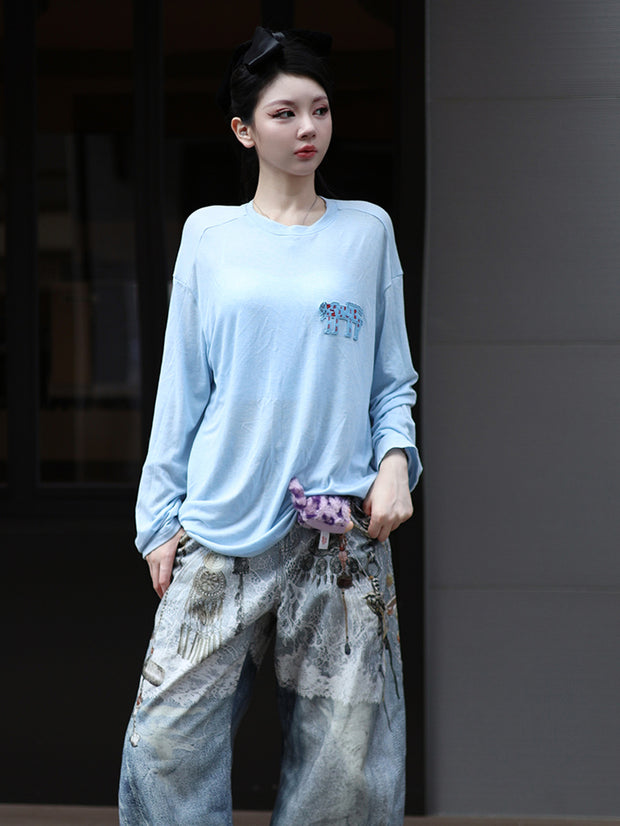 MUKZIN「雲瑤の境地」水色ゾウ刺繍ルーズロングスリーブ T シャツ