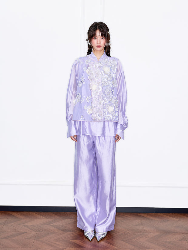 MUKZIN「 カプセルシリーズ 」薄紫色ネットレーススパンコール花柄ベスト