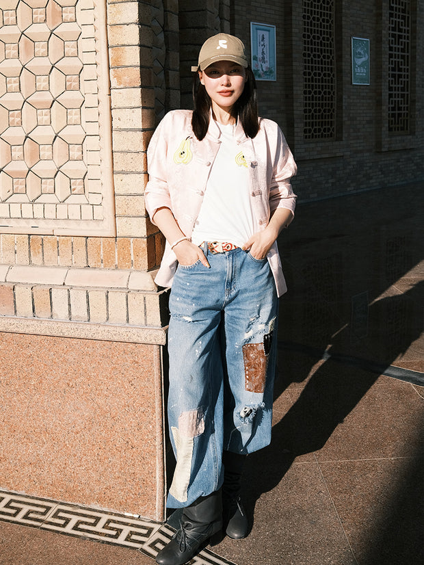 MUKZIN「 カプセルシリーズ 」ピンクジャコードナシ型刺繍チャイナスタイルアウター