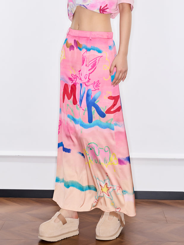 MUKZIN「新しい夏の賦」グラフィティのアート感がある、カラフルなプリントの半身スカート