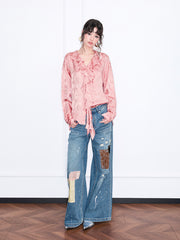 MUKZIN「雲瑤の境地」ピンクジャコードフリルリボンネックブラウス