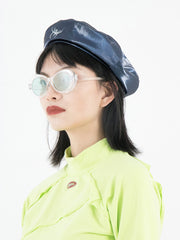 MUKTANK X COOLOTHES  曼珠坂フラワートーテム刺繍ディープブルーグレー光沢のあるレザーベレー帽