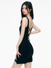 MUKTANK×ARDENCODE 夏用 黒 スリミング 無袖 スパゲッティストラップ ペティート ボディコン タンクワンピース