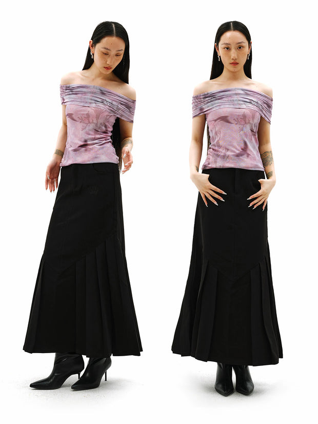 MUKTANK×LOUMUTAKU 新しい中国風の竹扇子刺繍プリーツスカート