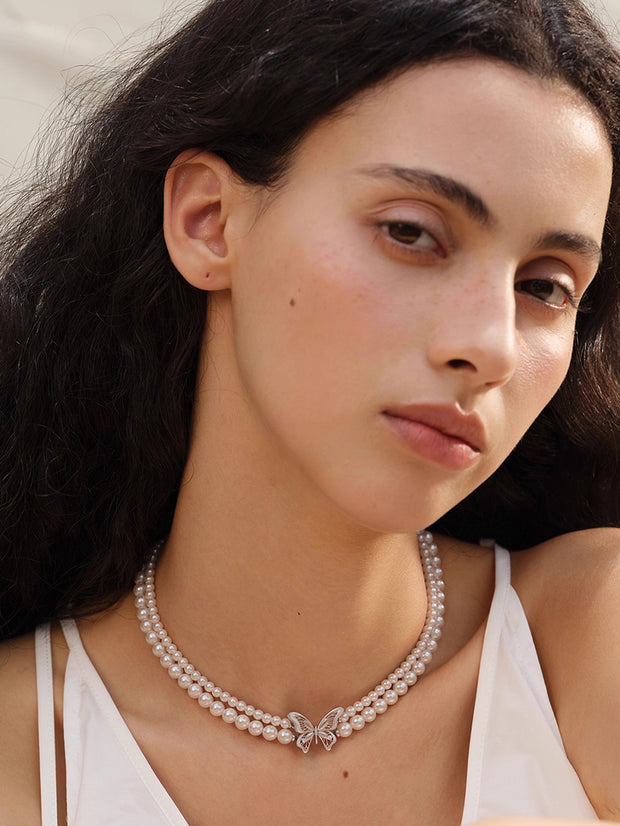 MUKTANK×SUN HUNTER “羽化（うか）”レース蝶二重パールネックレス