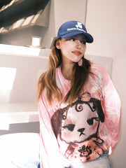 MUKZIN「 カプセルシリーズ 」ピンク調タイダイ染め風の愛らしい犬のプリントロングスリーブ T シャツ